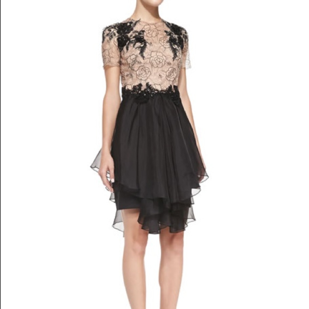Marchesa Notte RoseTattooLace Bodice CocktailDress